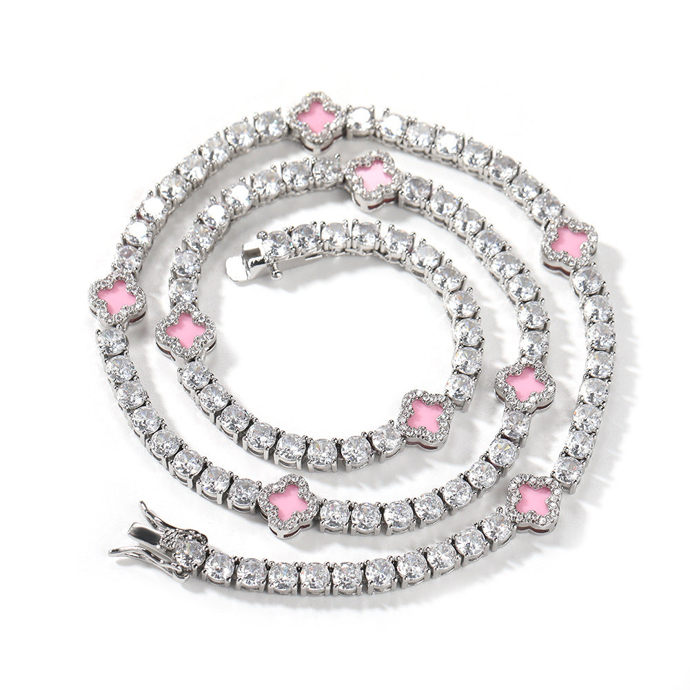 Hip-hop four-leaf clover diamond tennis chain necklace bracelet